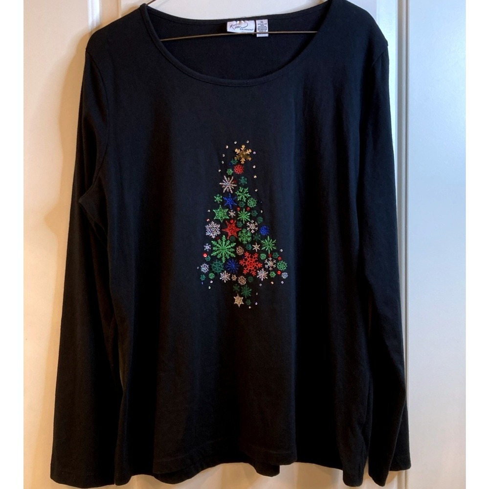 Kim Roger's Christmas Tree Long Sleeve XL T- Shirt Black Sequins Embroidery